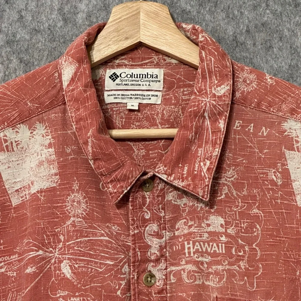 Columbia Sportswear Mens XL Orange Hawaii Pacific‎ Ocean Map Cotton Button Shirt